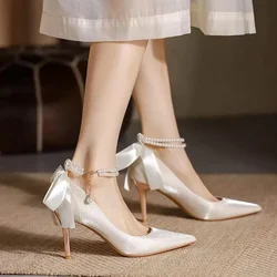 Elegant Satin Rhinestone Crystal Shallow Pumps Luxury Stilettos Women Shoe New White High Heels Women Bridal Wedding Shoes