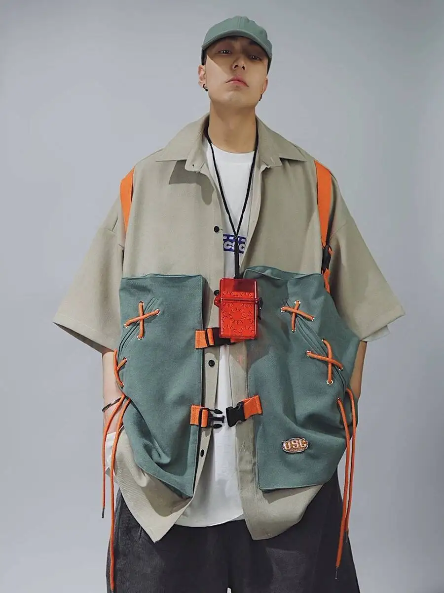 Unsiex Cargo Shirts 2026 Summer New Cargo Short Sleeve Shirt Men Hip Hop Loose Fake Two Piece Vest