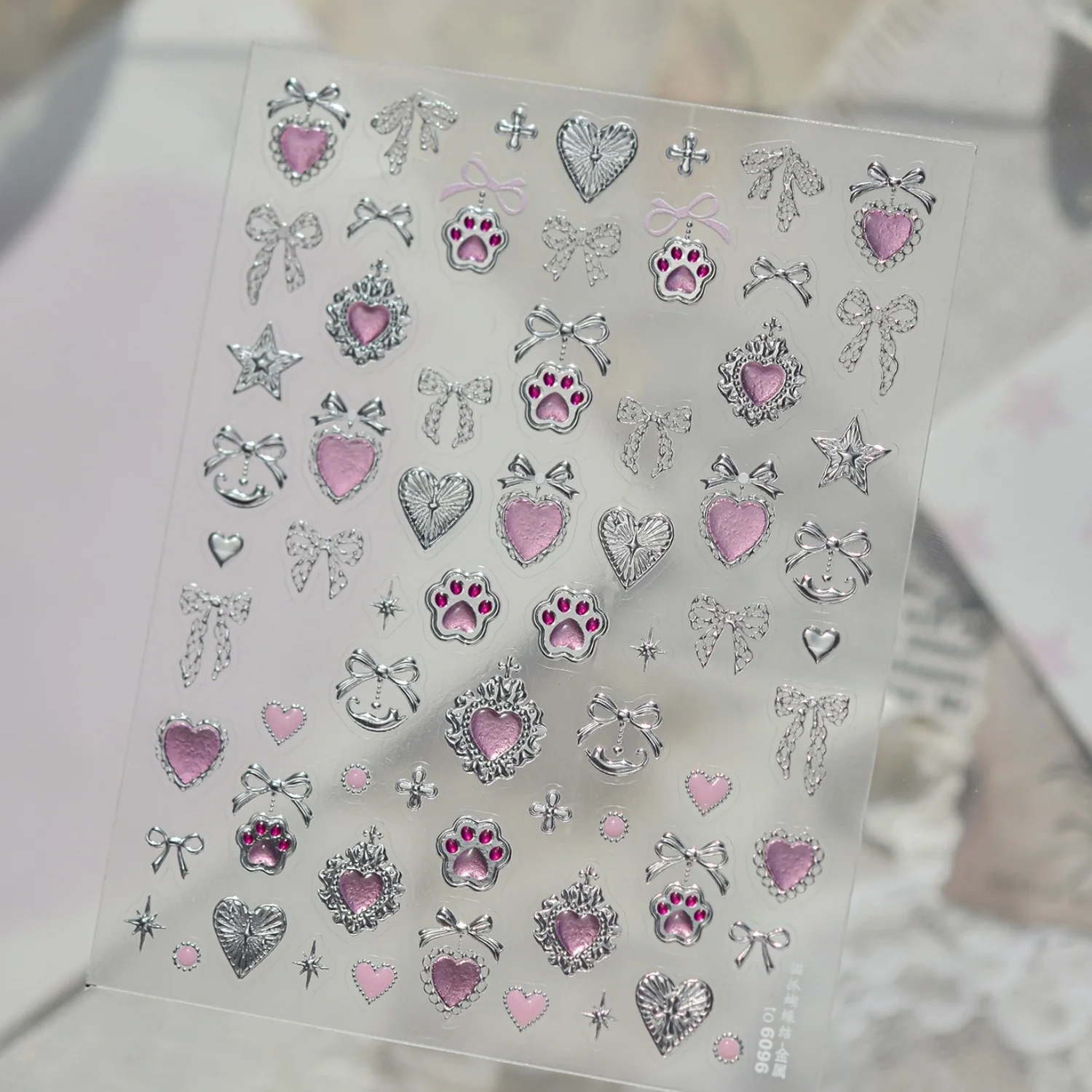 Sweet 5D Nail Sticker Silver Border Pink Love Heart Bow‑knot Ribbon Cat Paw Cross Star Floral Self‑Adhesive Nail Decor Manicure