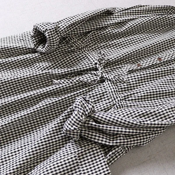 High-end japonês Sle Plaid irt Dr feminino Midi longo Sve algodão linho Dr colarinho cintura alta botão único A-...