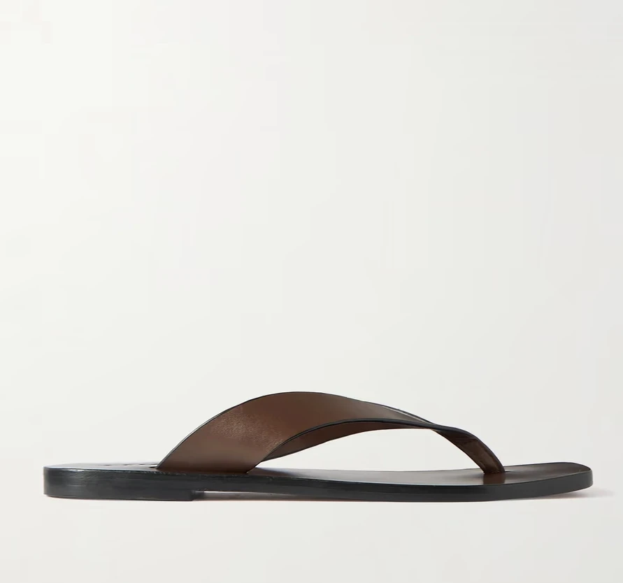 

Dark Brown Flat Bottom Wide Thong Straps And Squared-off Toes Leather Sandals