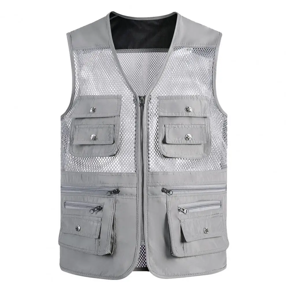 10 Pockets Hollow Mesh Men Vest Outdoor Fishing Waistcoat Breathable Sleeveless Zipper Closure V Neck Fishing Camping Waistcoat