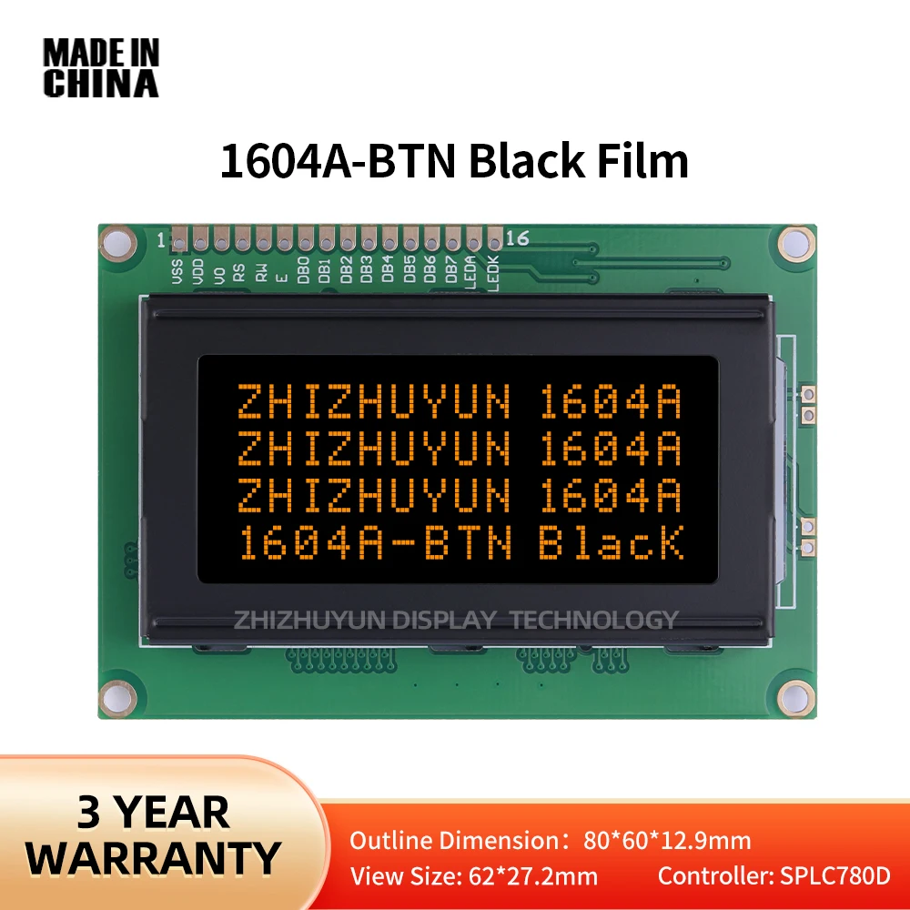 Factory Supply LCD1604A Serial LCD Display Screen BTN Black Film Orange Font English LCD High Brightness LCD Screen