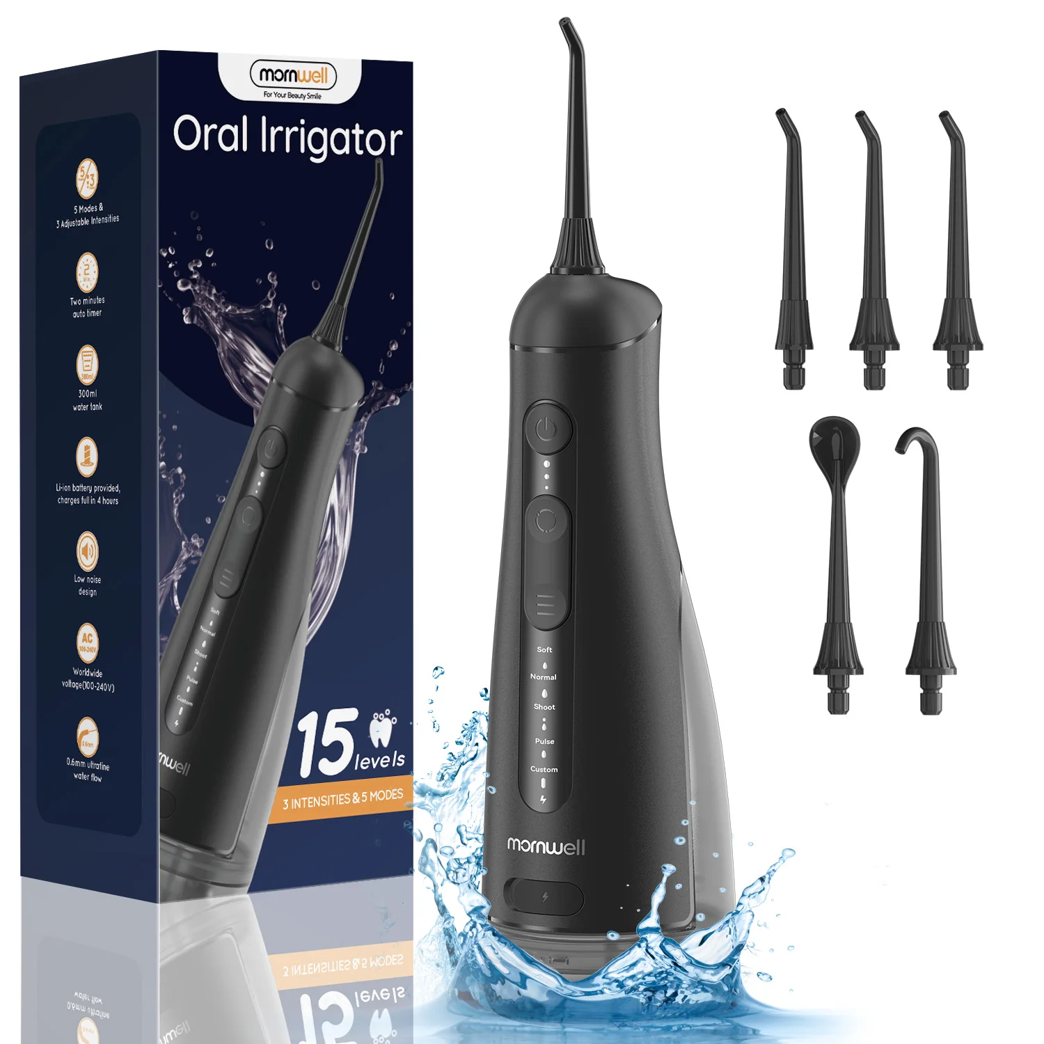Mornwell Water Flosser portatile con 5 modalità, 3 pressione dell'acqua, 5 ugelli Irrigatore orale a bolle ultrasoniche Sbiancamento dei denti