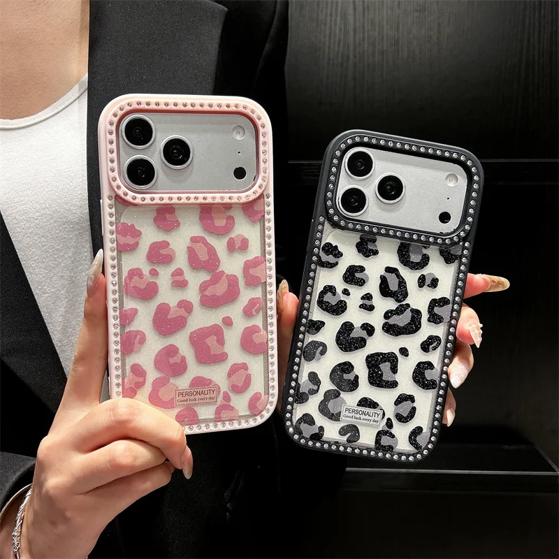 Rhinestone Border Glitter Leopard Print Phone Case For iPhone 13 14 15 16 17 18 Pro Max Plus Bling Diamond Frame Anti‑drop Cover
