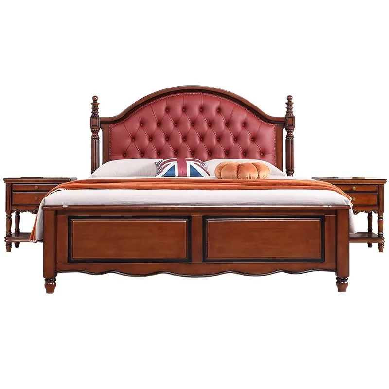 

American, retro, all solid wood bed 1.8 meters master bedroom, double bed, genuine leather