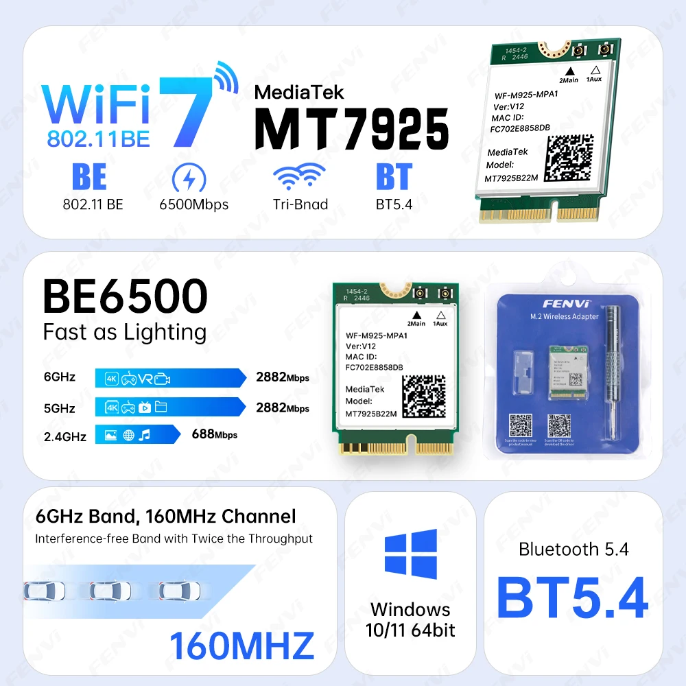 

fenvi 6500Mbps MT7925 M.2 WiFi7 Network Card Bluetooth 5.4 Tri Band 6G/5G/2.4GHz WiFi 7 Wireless Adapter for Windows 10/11