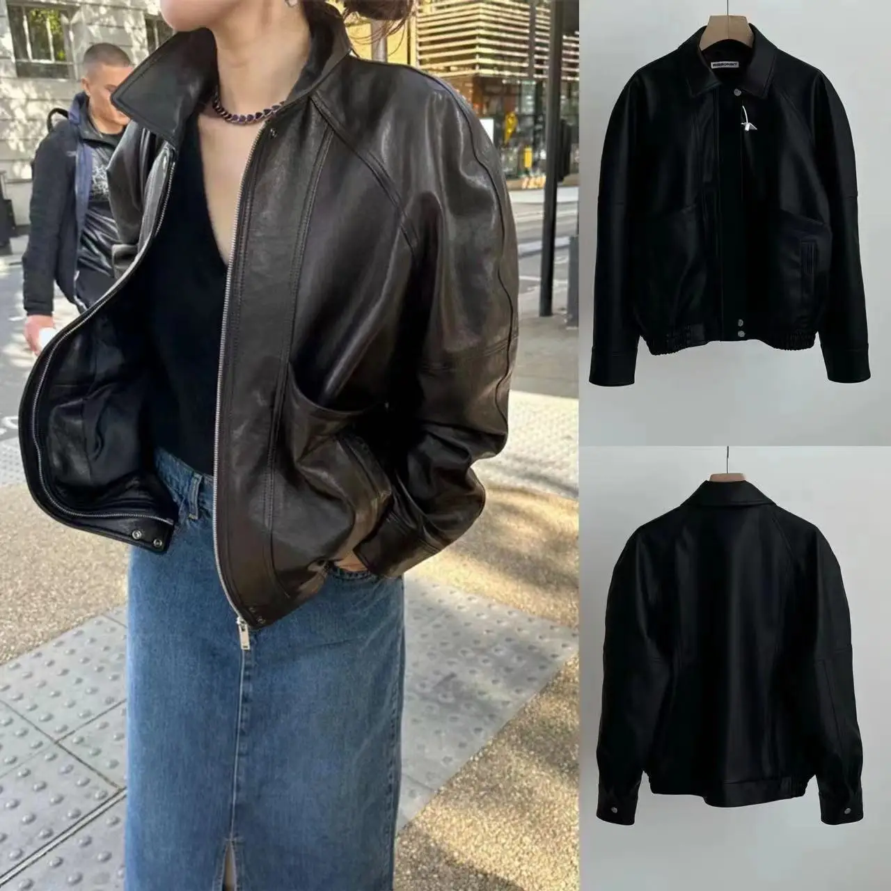 opaco Bla Pelle Jaet Colletto retrò Versatile All-Match Sle Long Sve Commute Faion Cappotto da donna Capispalla