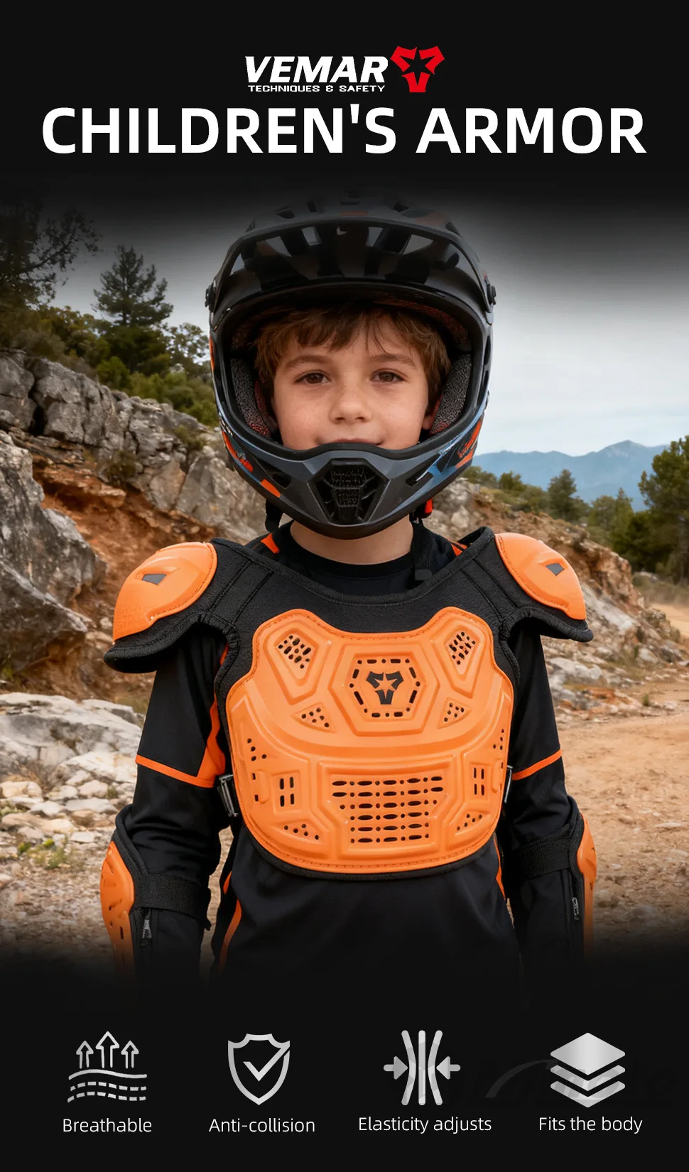 Children Motocross 5‑Piece Body Guard Kit, Breathable Anti‑Fall Vest Elbow Knee Pads for Kids Bicycle Balance Bike Riding