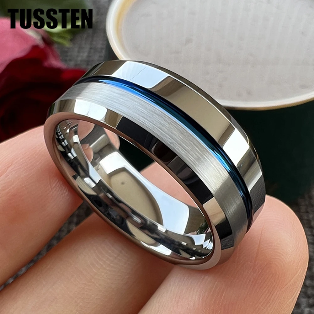 

TUSSTEN 8MM Women's Men's Wedding Band Tungsten Rings Blue Groove Bevel Edges High Polished Finish Comfortable Fit