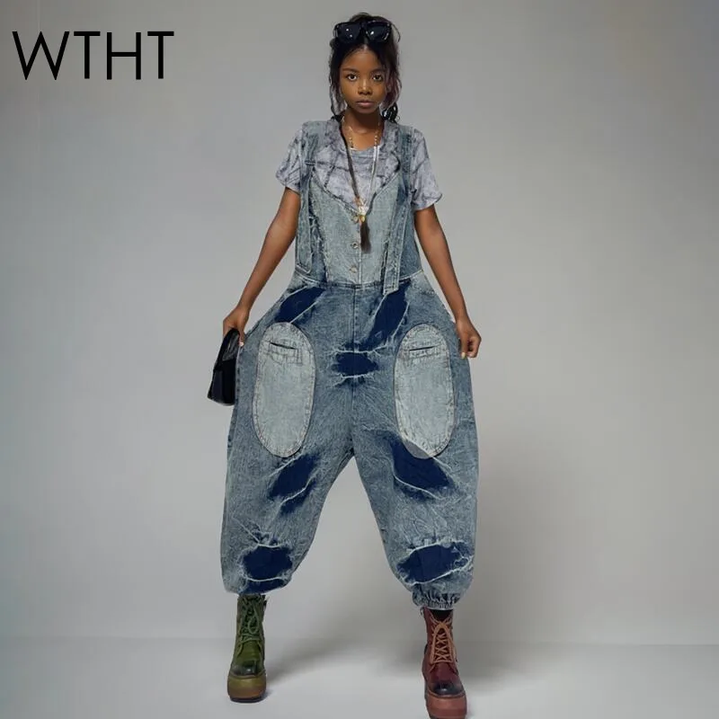 WTHT Vintage Fashion Women's Patchwork Color Wash Denim Jumpsuits 2025 Summer New Sleeveless Loose Rompers Female 1LS2077