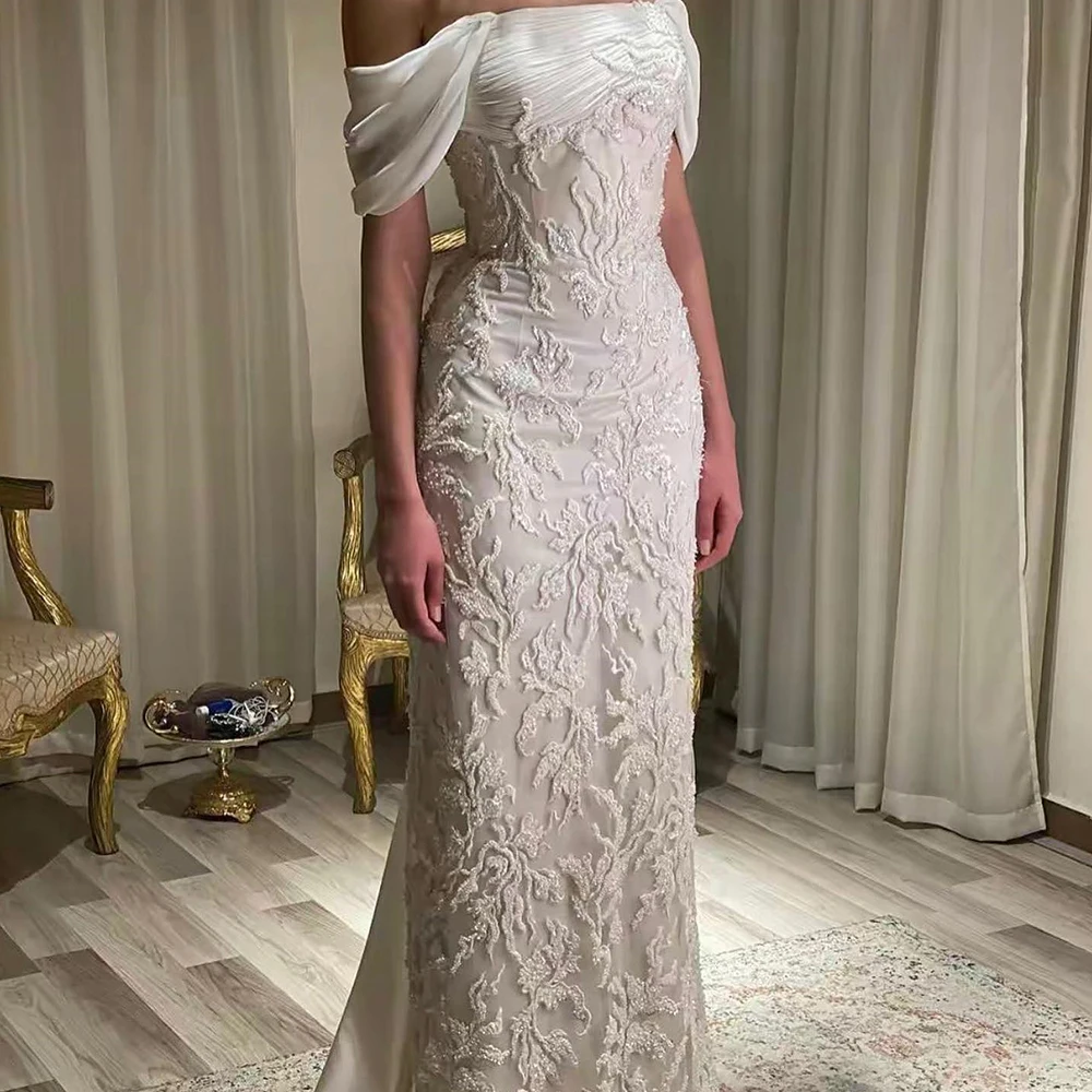 Elegant Luxury Evening Dress 2024 Straight Short Sleeves Off the Shoulder Jersey Pleats Sweep Train Beading Crystal Party Gowns