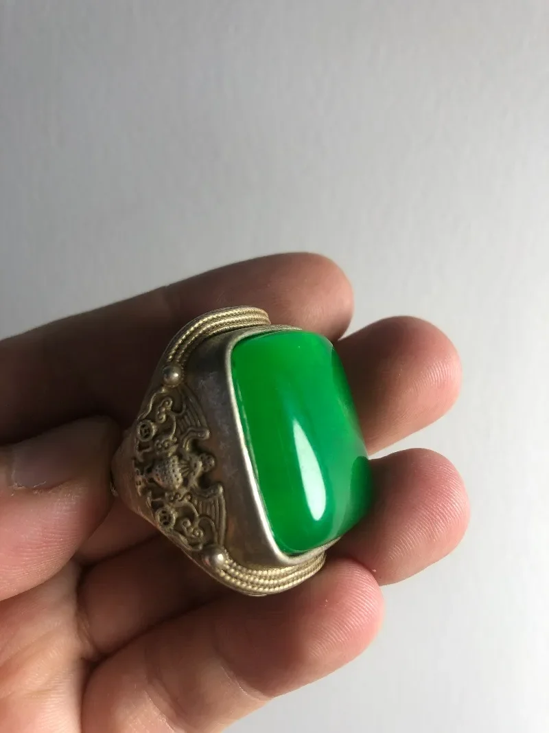 Vintage Collectible Old Silver Thumb Ring, Hand Inlaid Green Gemstone Adjustable Open Ring Unisex Retro Statement Jewelry Gift