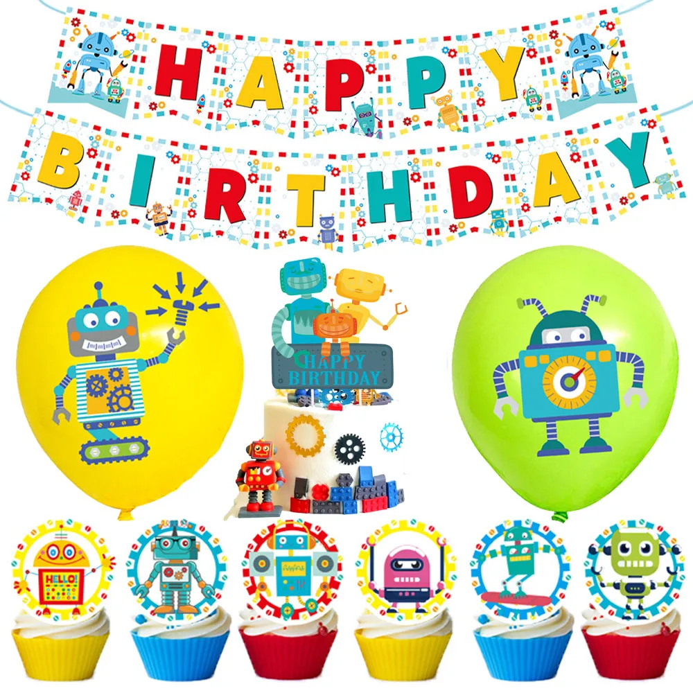 Roboter-Geburtstagsparty-Zubehör, Cartoon-Roboter, Tischdecke, Pappteller, Tassen, Servietten, Roboter, alles Gute zum Geburtstag, Banner, Jungen-Partydekorationen – Detail 6