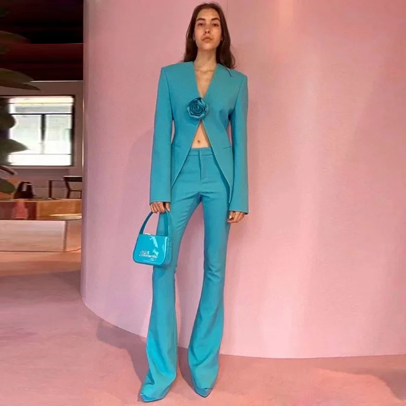 

2025 New Women's Suit European American Star Fashion Three-Dimensional Flower Collarless Suit Flared Trousers Set Two-piece Set