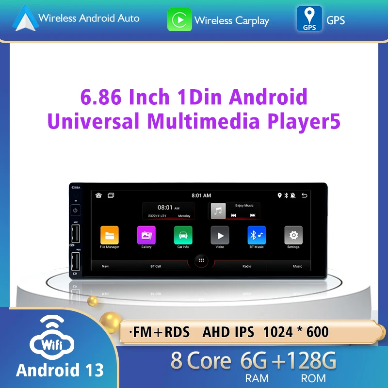 

1 Din 6.86 Inch Universal model Car Multimedia Players Wireless CarPlay GPS Navigation Bluetooth5.0 Audio Android Auto Car Radio
