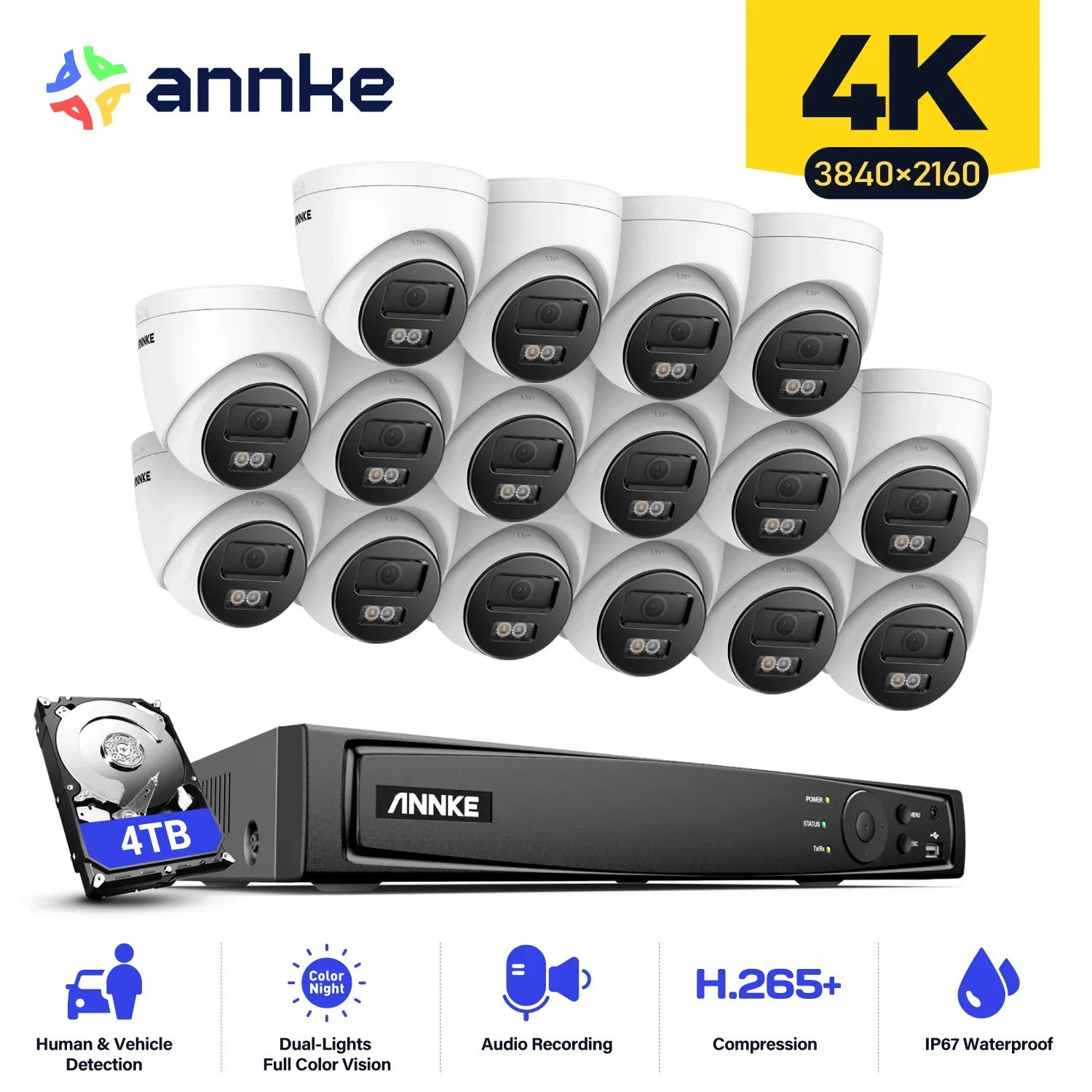 ANNKE 16CH 4K Ultra HD POE Network Video Security System 8MP H.265 NVR With 12X 8MP 30m EXIR Night Vision Weatherproof IP Camera