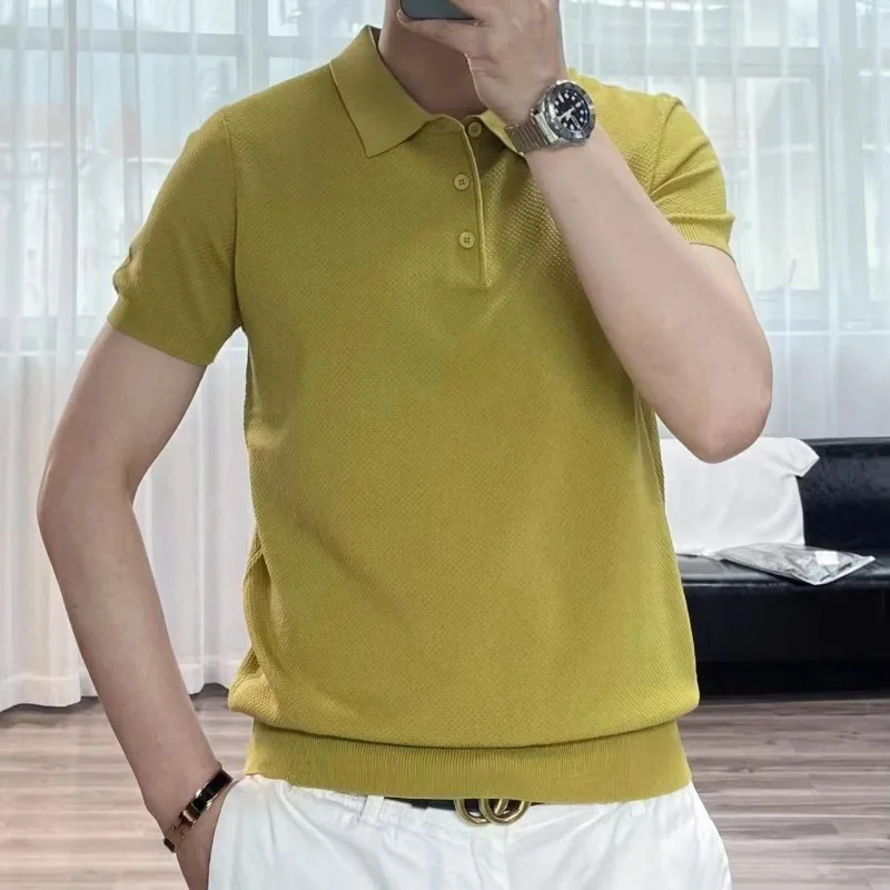 Spring Summer Fashion Elegant Flip Neck Tees Knitted Casual Versatile Western Commuter Clothing Loose Solid Men\'s Polo Shirts