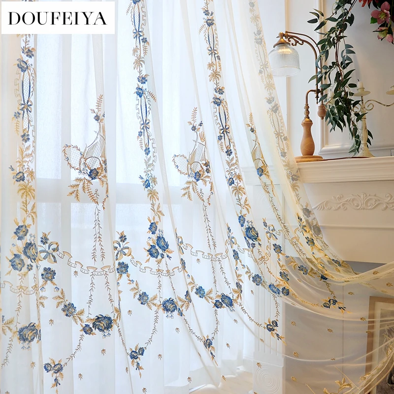 Custom Size French Romantic Villa Bedroom Blue Embroidery Light Luxury White Tulle Curtains for Living Dining Room Bedroom