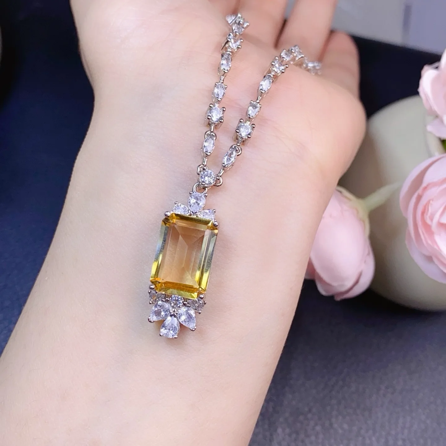 

Ожерелье из стерлингового серебра 925 пробы с натуральным цитрином, кулон из драгоценного камня длиной 10x14 мм, роскошные ювелирные изделия