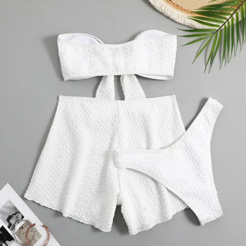 New White High Waist Bikini Sets Women Bandeau Bikini with Shorts Swimsuit Three Pieces Summer Sexy Bow Beachwear Bathing Suit