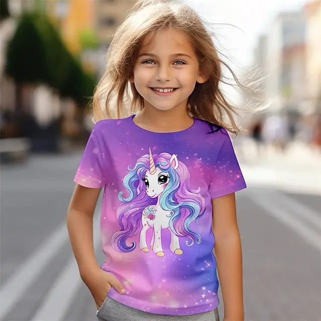 Girls\' 3D Unicorn Tee Shirts Short Sleeve 3D Print Summer Active Fashion Cute Polyester Kids 3-12 Years Crew Neck Outdoor