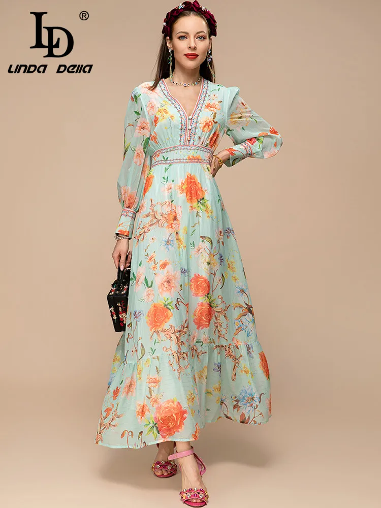 LD LINDA DELLA New 2023 Spring Summer Fashion Women Vintage Elegant Big Swing Long Dress V-Neck Button Slim Floral Print Dress