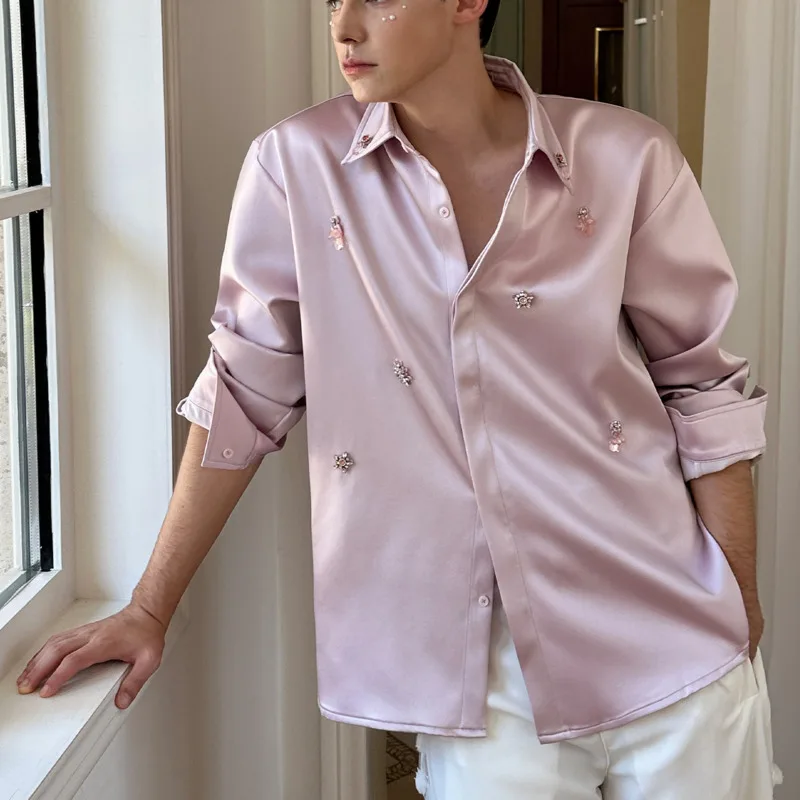 WVGA Spring Autumn New Men High-End Beaded Diamond Trendy Design Long Sleeve Shirt Niche Chic Casual Turn-Down Collar Top W17877