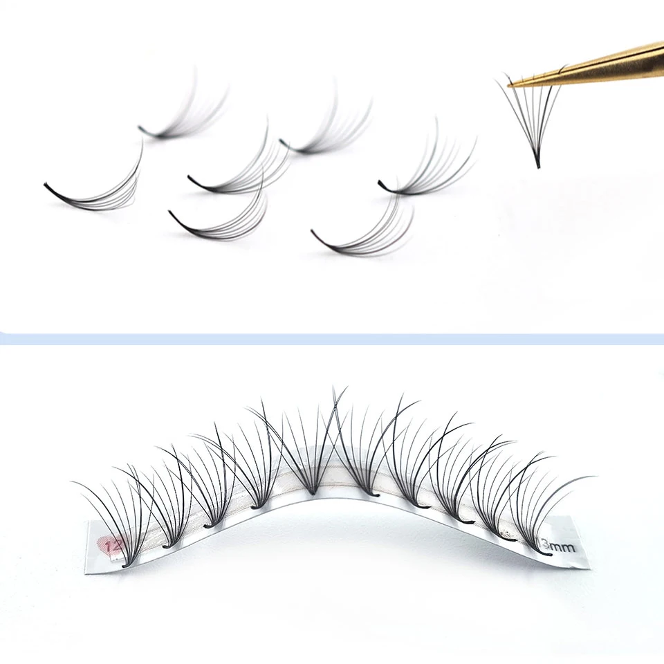 Pre fanned Wispy Eyelash Extension บาง Pointy ฐาน 7D รัสเซีย V รูปร่างขนตา Hybrid พัดลม Faux Mink Wispy Lash