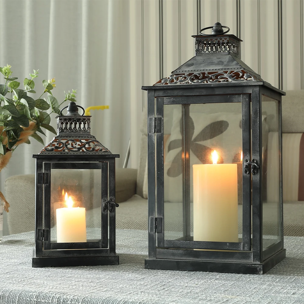 Set of Two Antique Grey Metal Vintage Square Style Hanging Candle Lantern Metal Candle Holder for Home Wedding Decor