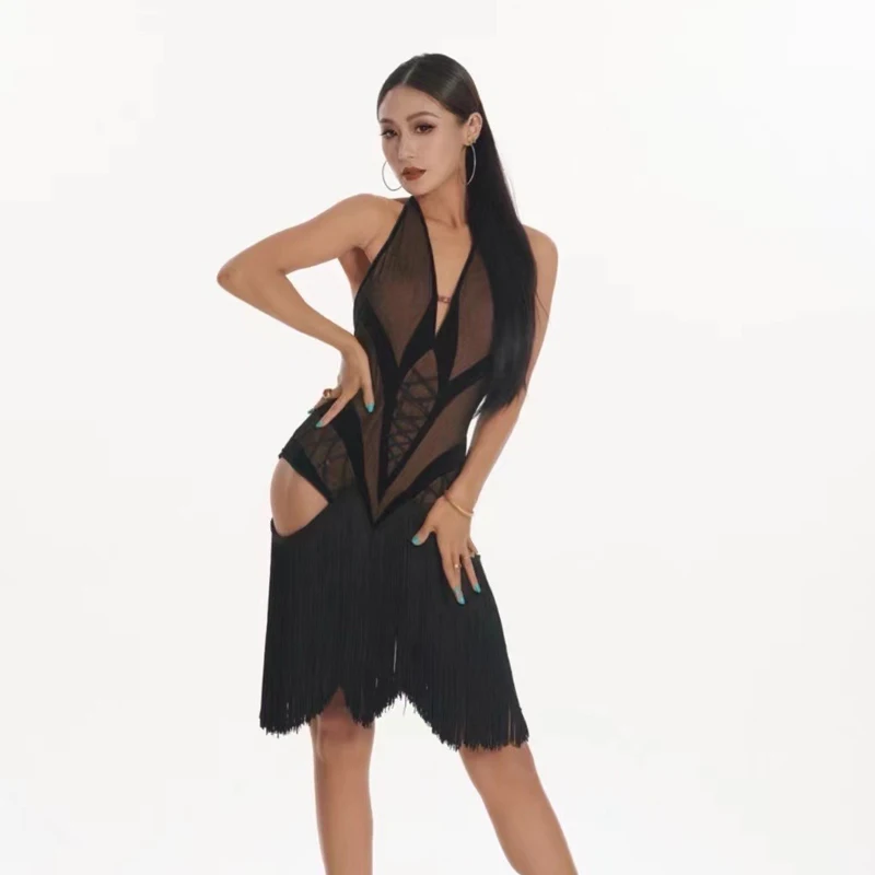 Sexy Halter Cutout Latin Dance Performance Dress Women Backless Fringed Dresses Adults Competition Dancing Clothes SL10670