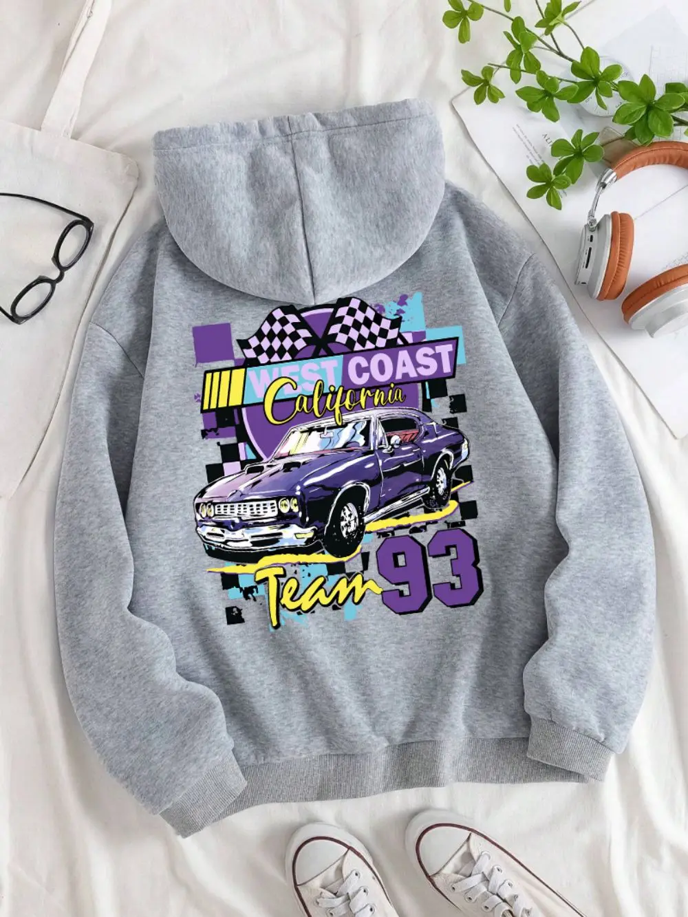 Casual Womans Hoodie California West Coast Muscle Car Prints Sweatshirt Loose Pocket Warm Fleece Pullover Autumn Female Clothing