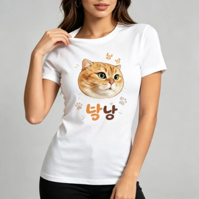 Womens Soft Modal Crew Neck T‑Shirt, Cute Orange Cat Graphic Tee Korean Pet Letter Print Casual Fashion Short Sleeve Tee