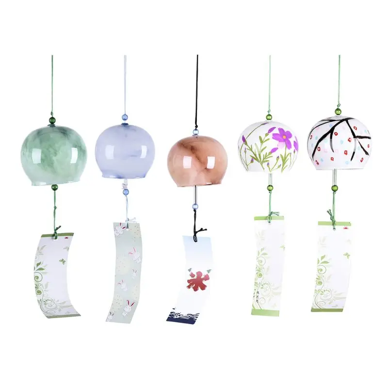 1pc Japanese Wind Chimes Handmade Glass Furin Home Decoration Printed Glass Wind Bell Spa Kitchen Office Hanging Decor Pendants