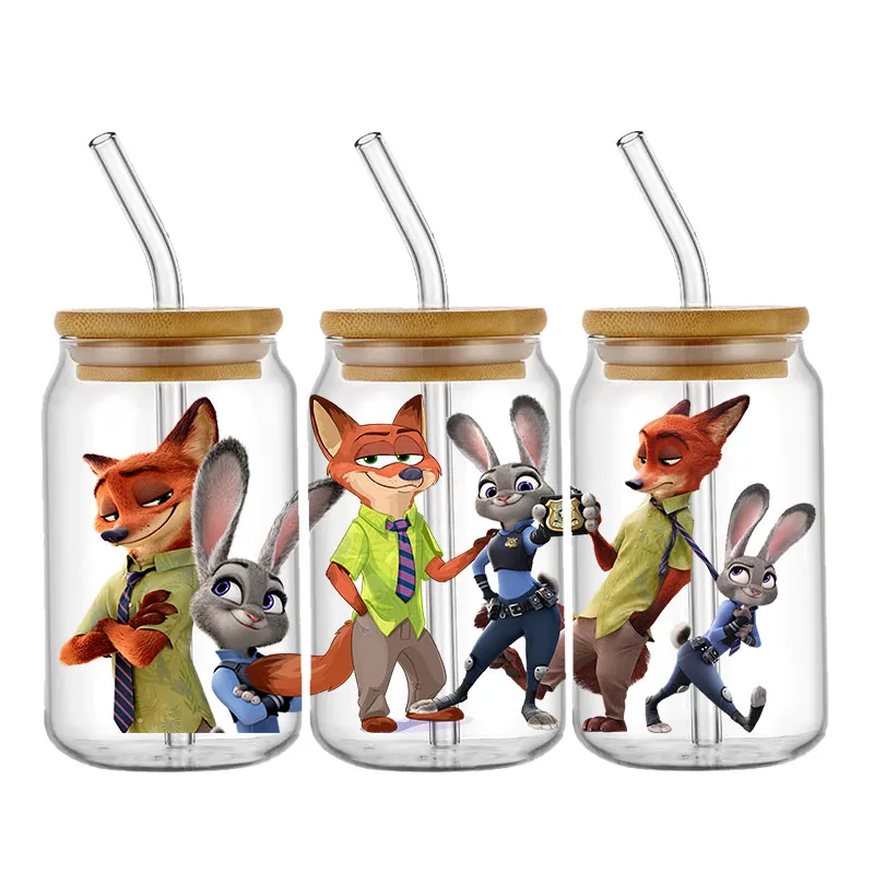 Zootopia أرنب الثعلب الشرطة نمط الأشعة فوق البنفسجية DTF نقل ملصق مقاوم للماء نقل الشارات لملصقات التفاف كوب زجاجي 16oz