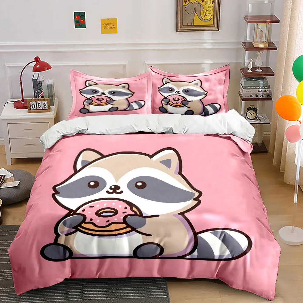 

3pcs Cute raccoon holding pink donut Duvet Cover Set with 3D Printing Design Soft Polyester Bedding Set All-Season Comfort