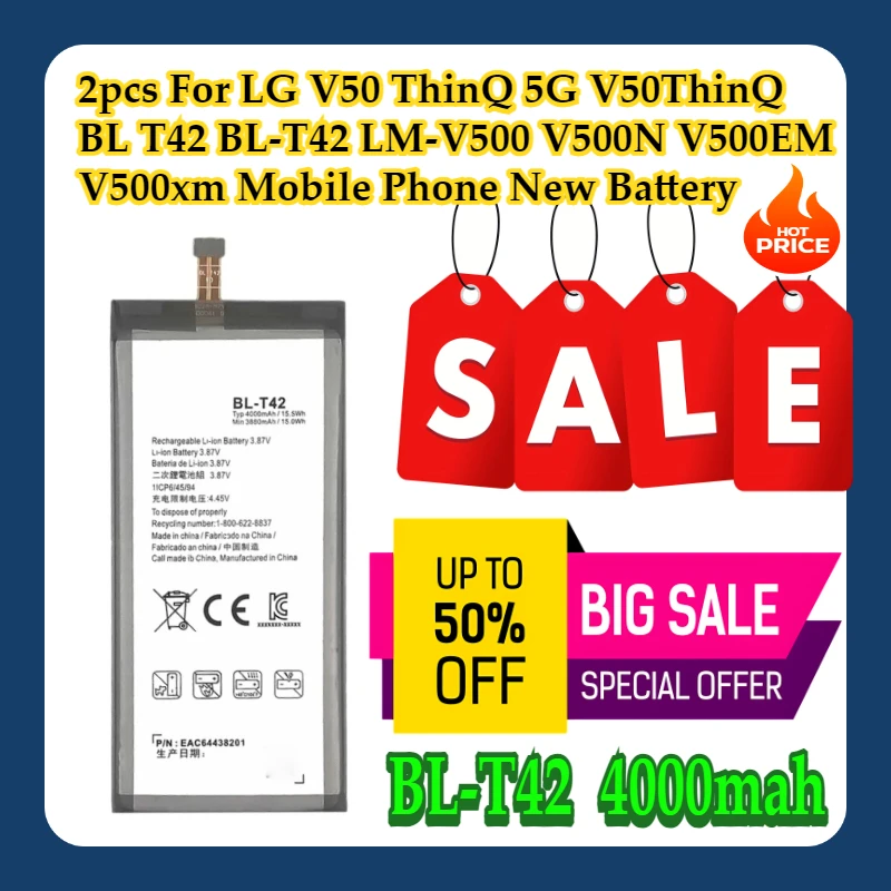 2pcs For LG V50 ThinQ 5G V50ThinQ BL T42 BL-T42 LM-V500 V500N V500EM V500xm Mobile Phone New Battery