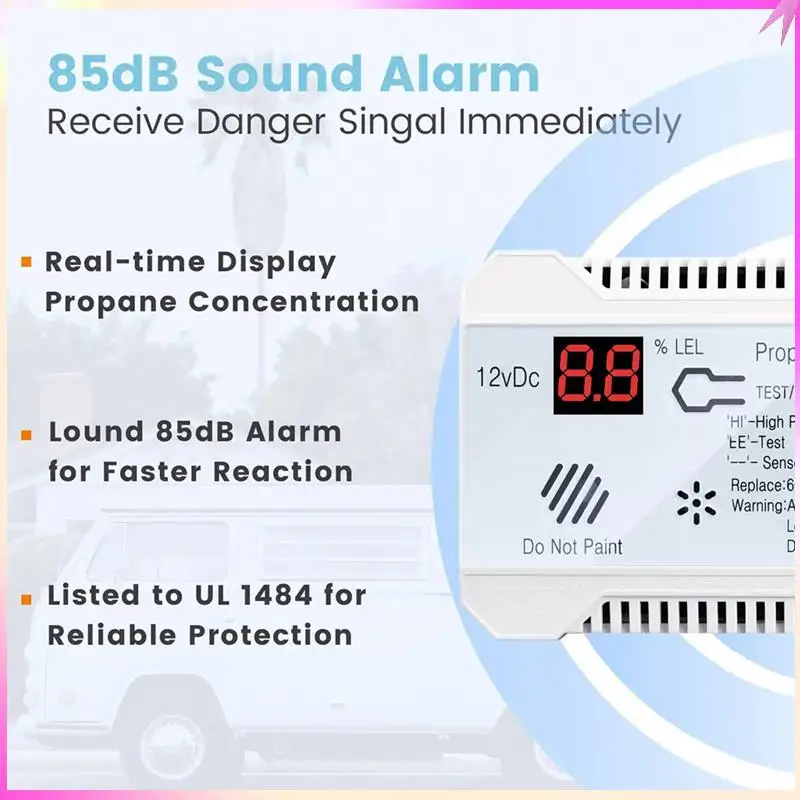 B68C 3X Propane Detector 12V LPG Natural Gas Sensor Leak Alarm 85DB Siren For Car RV Home Digital Propane Tester Meter(White)