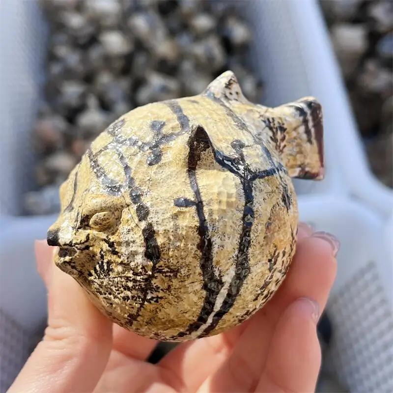 

Natural Picture Stone Puffer Fish Carving Crystal Powerful Chakra Energy Wicca Crystals Home Decoration Gift 1pcs