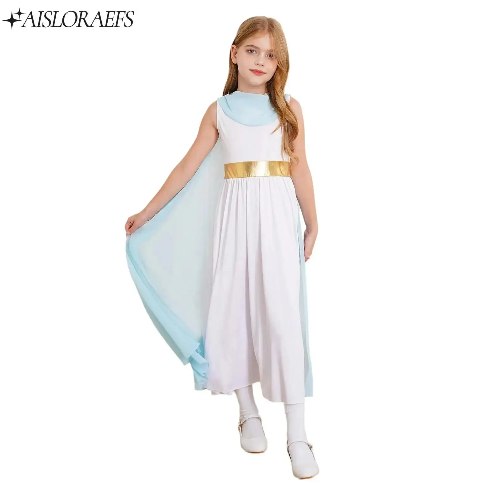 

New Ancient Greek Princess Cosplay Costume Sleeveless Dress with Split Cape Greek Toga Performance Party Costume for Teen Girls