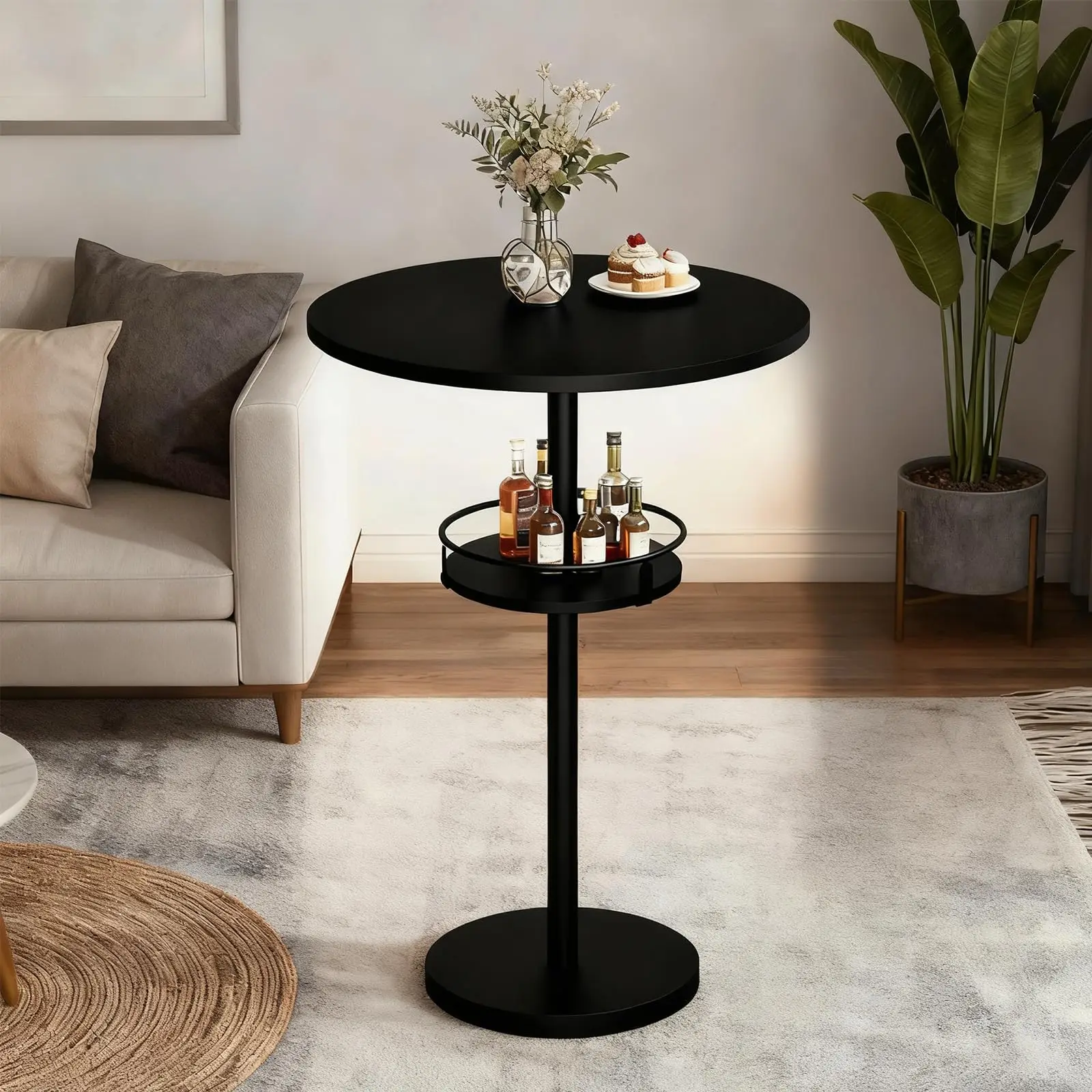 

Round Bar Table With LED Light Metal Frame High Top Cocktail Table For Living Room Kitchen Black