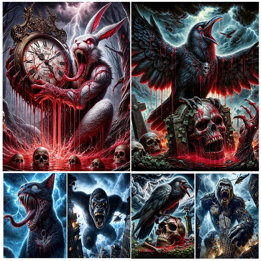 

Creepy Scary Demon Animals,Gothic Wall Art Canvas Painting,Orangutan,Rabbit,Crow,Black Cat,Dark Creature Art, Poster Print Decor