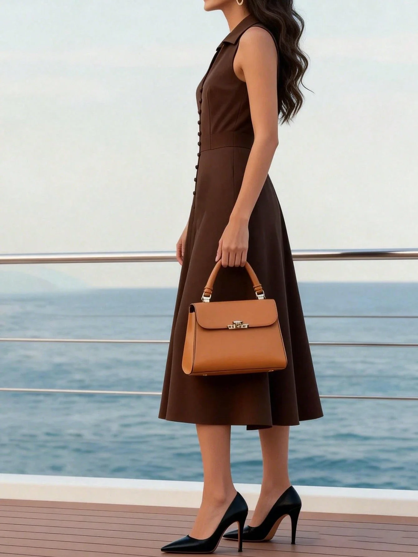 

Женское платье миди без рукавов с V-образным вырезом, А-силуэта, с пуговицами спереди и карманами