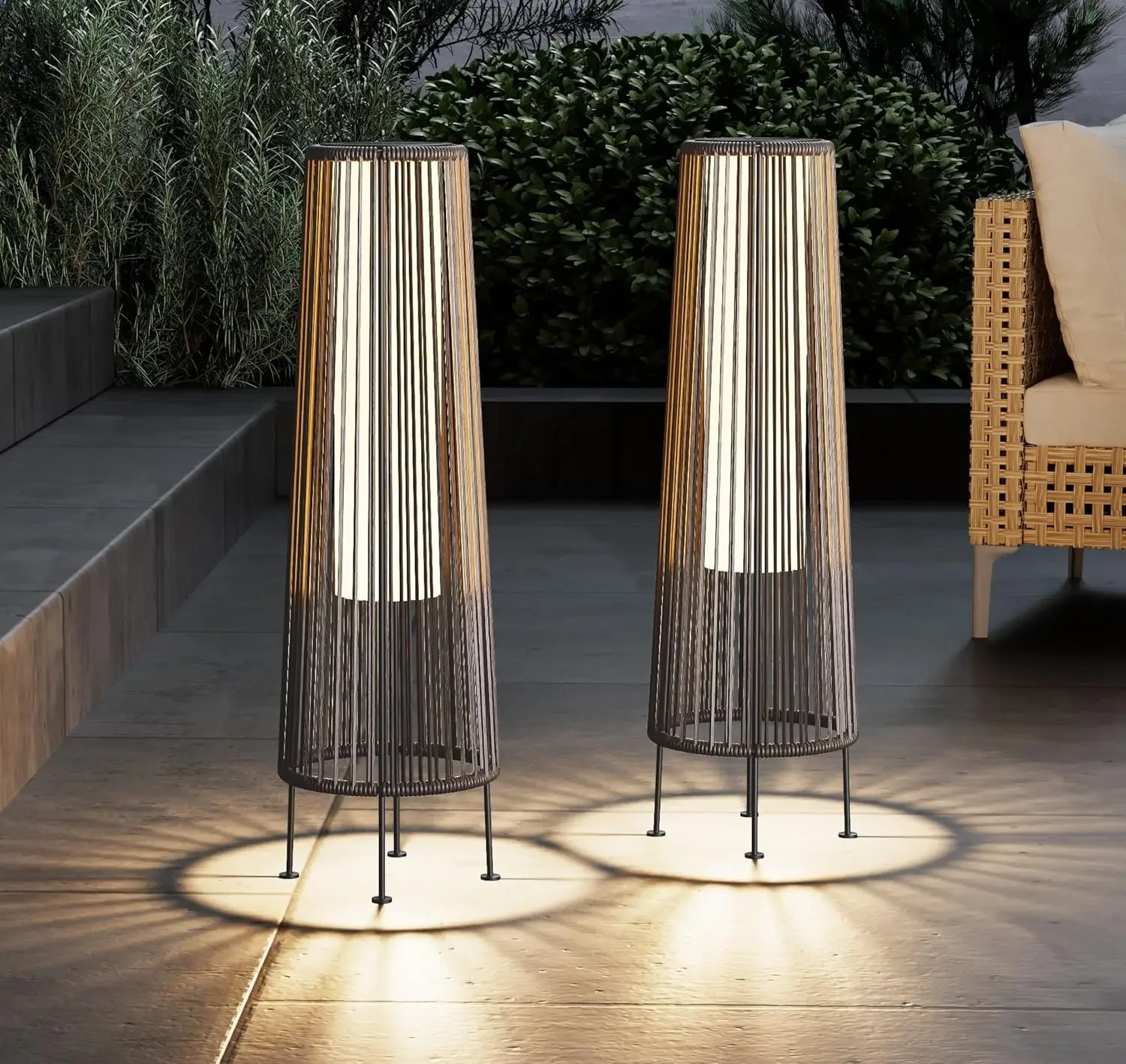 patio Floor Solar Light Set of 2, Outdoor Floor Lamp Wicker Solar Patio Lamp Waterproof Outside Solar Deck Lamp for Garden, Lawn