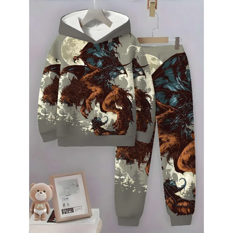 2025 Conjunto de 2 piezas con capucha y pantalones deportivos con estampado de bestia voladora y estampado digital 3D