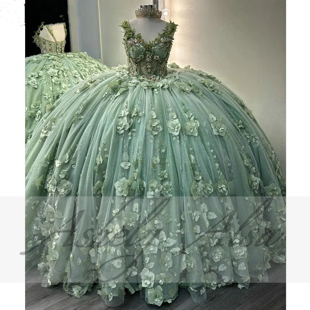 Customized Mint Green Mexican Swee 15 Year Girl Quinceanera Dress 3D Flower Lace Up Ball Gown Women Prom Birthday Party Dress 16