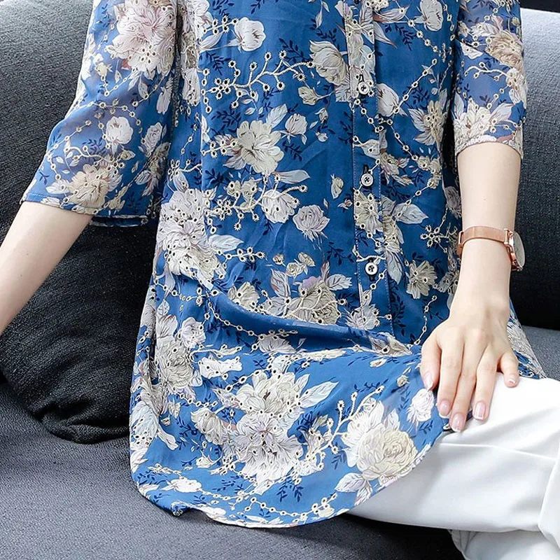 Summer POLO Collar Fashion Half Sleeve Shirt Women High Street Casual Loose Button Cardigan Printing Elegant Mid-length Blouse