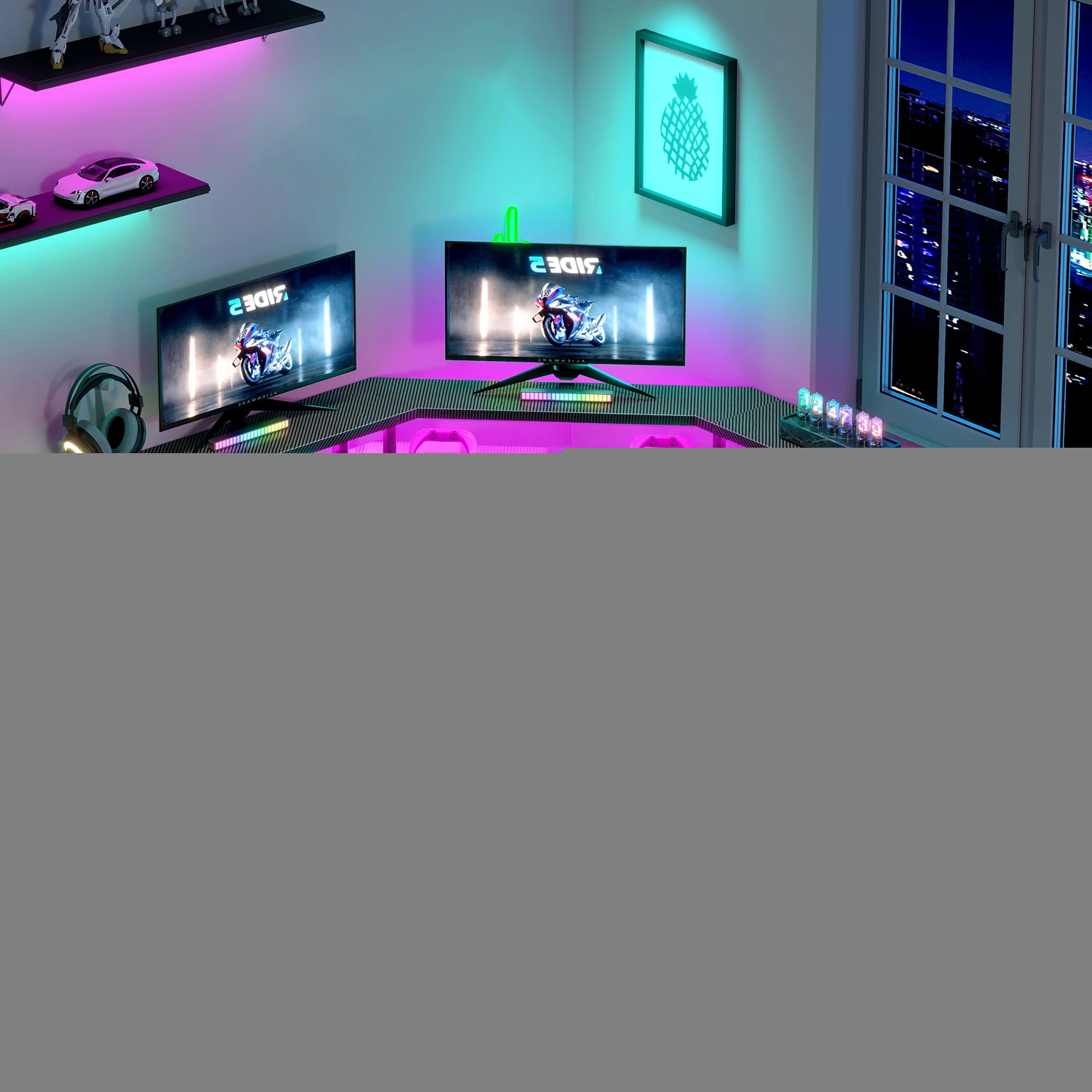 

L-Shaped Gaming Desk Corner Table Computer Desk with RGB Light & Power Outlets