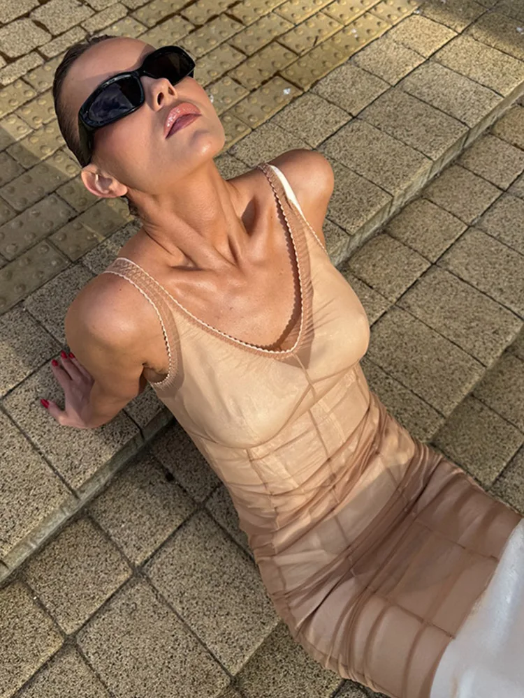Transparentes Mesh-Overlay Spitzenbesatz Slip Langes Kleid Damen Sexy V-Ausschnitt Ärmellos Bodycon Kleider Charmante Figurbetonte Kleider für Dates und Partys – Detail 29