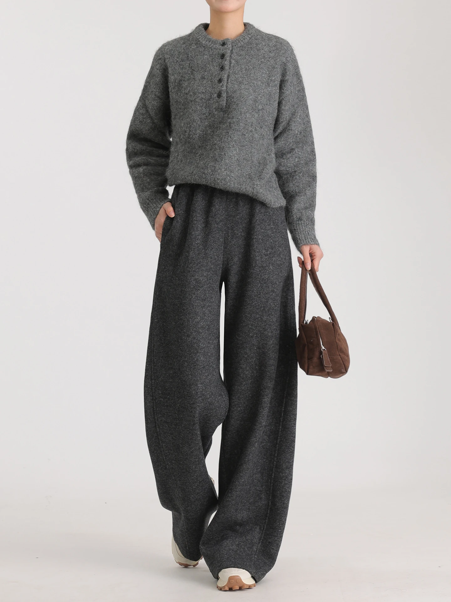 

High Waist Wide Leg Woolen Trousers for Women Winter Thiened Woolen ey Floor-Length Casual Sweatpants Dra
